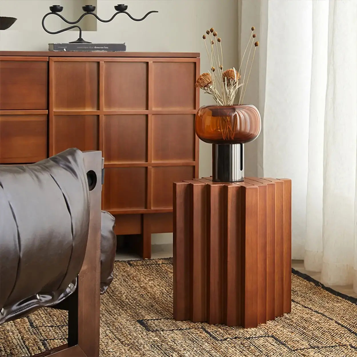 Mid-Century Geometric Solid Rubberwood Side Table — Cherry Color