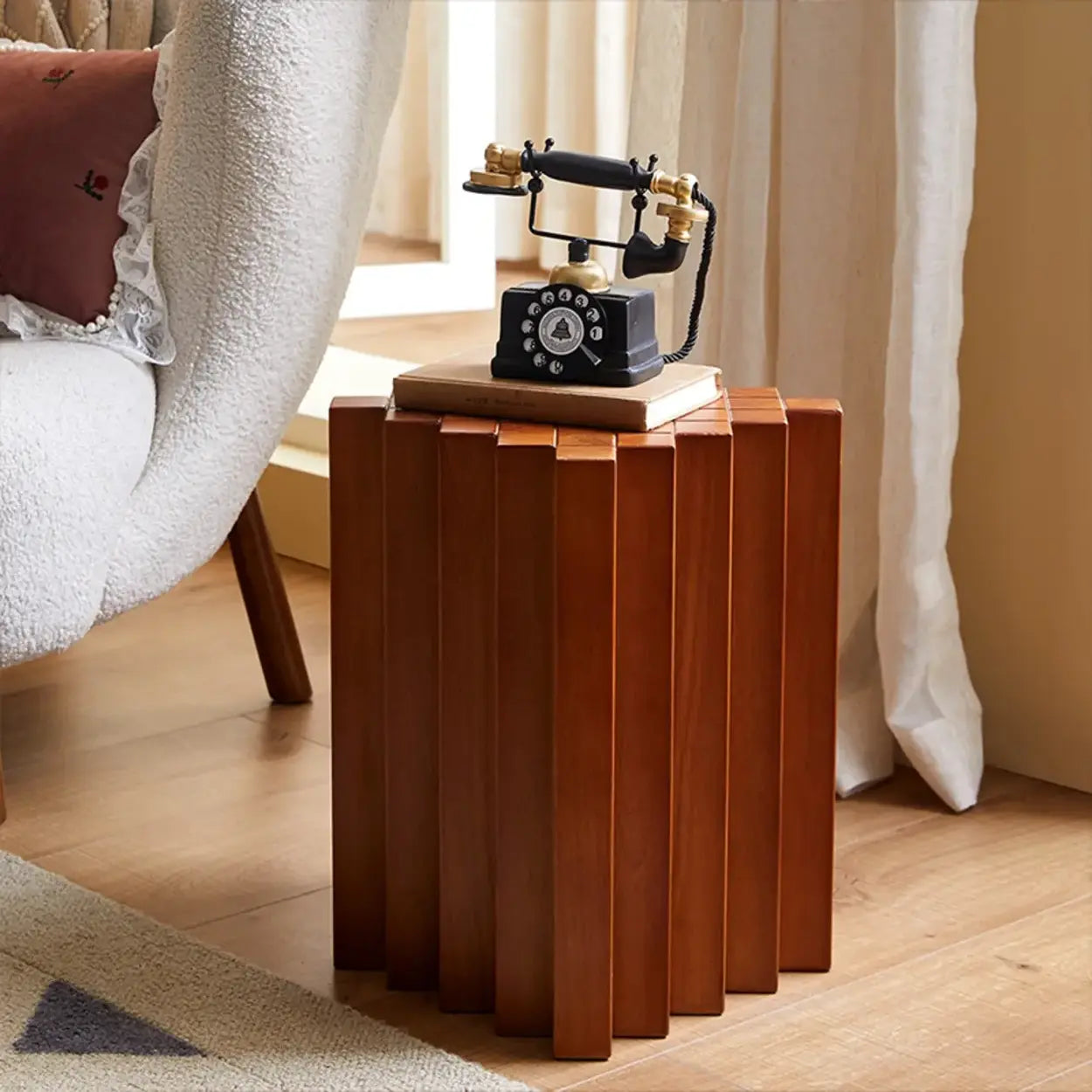 Mid-Century Geometric Solid Rubberwood Side Table