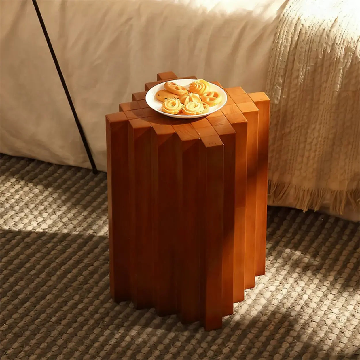 Mid-Century Geometric Solid Rubberwood Side Table