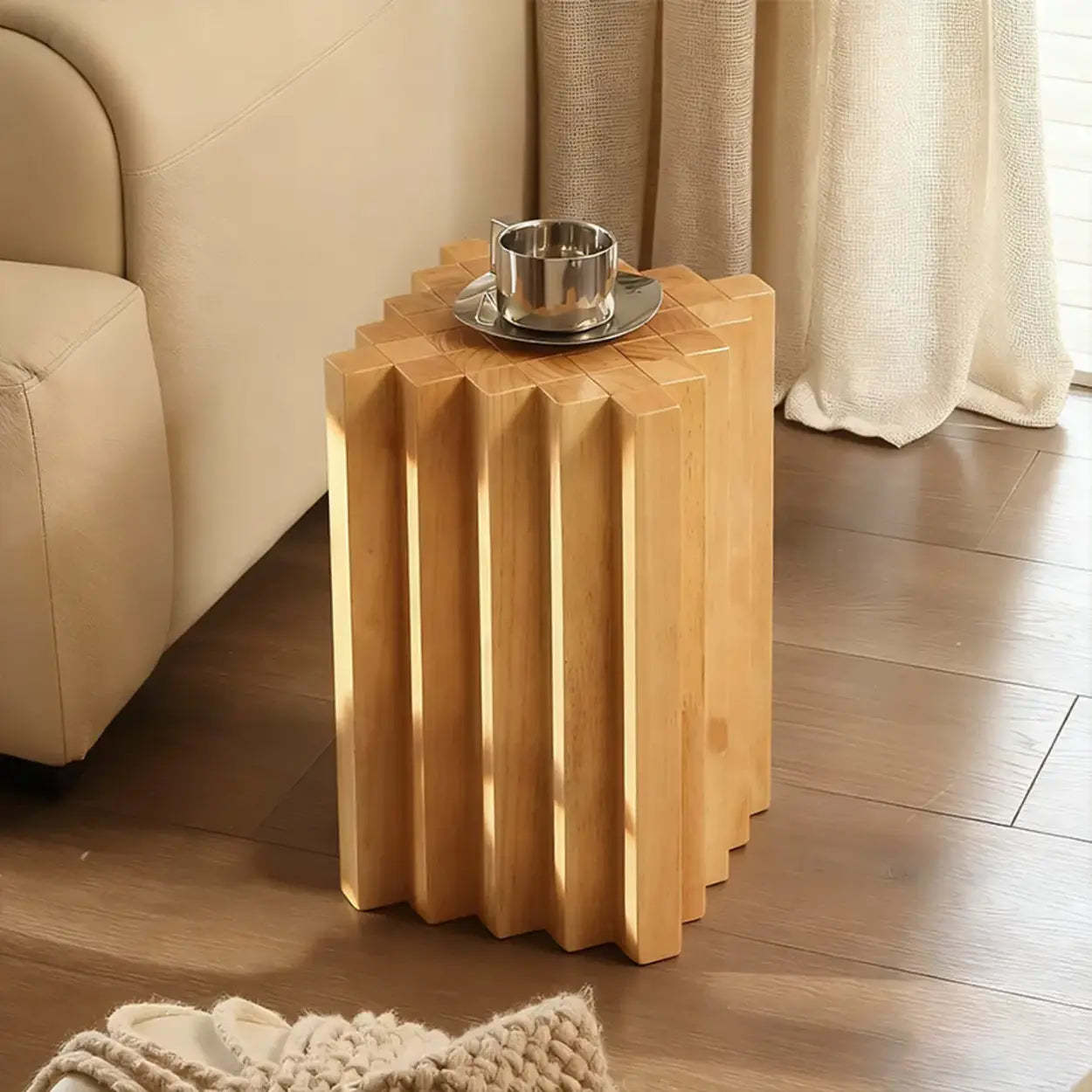 Mid-Century Geometric Solid Rubberwood Side Table