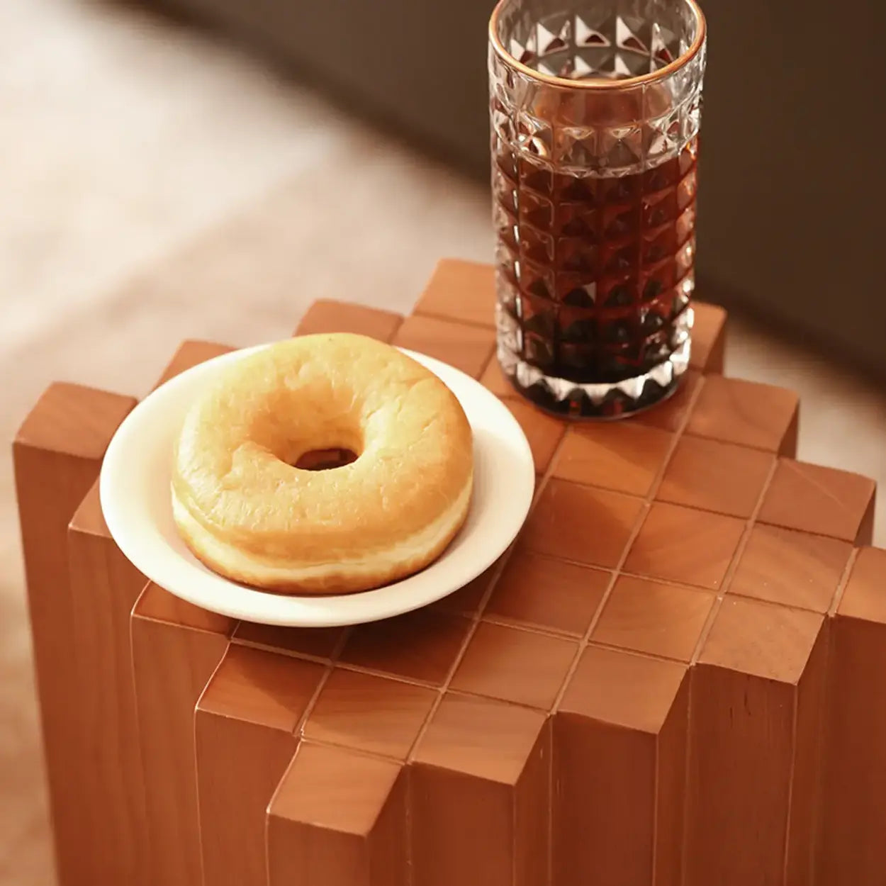 Mid-Century Geometric Solid Rubberwood Side Table — Walnut Color