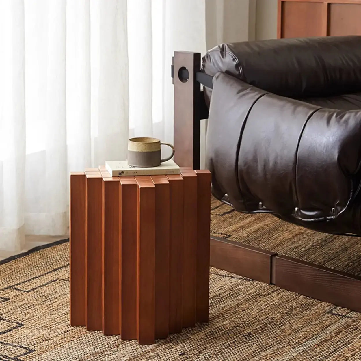 Mid-Century Geometric Solid Rubberwood Side Table — Wood Color