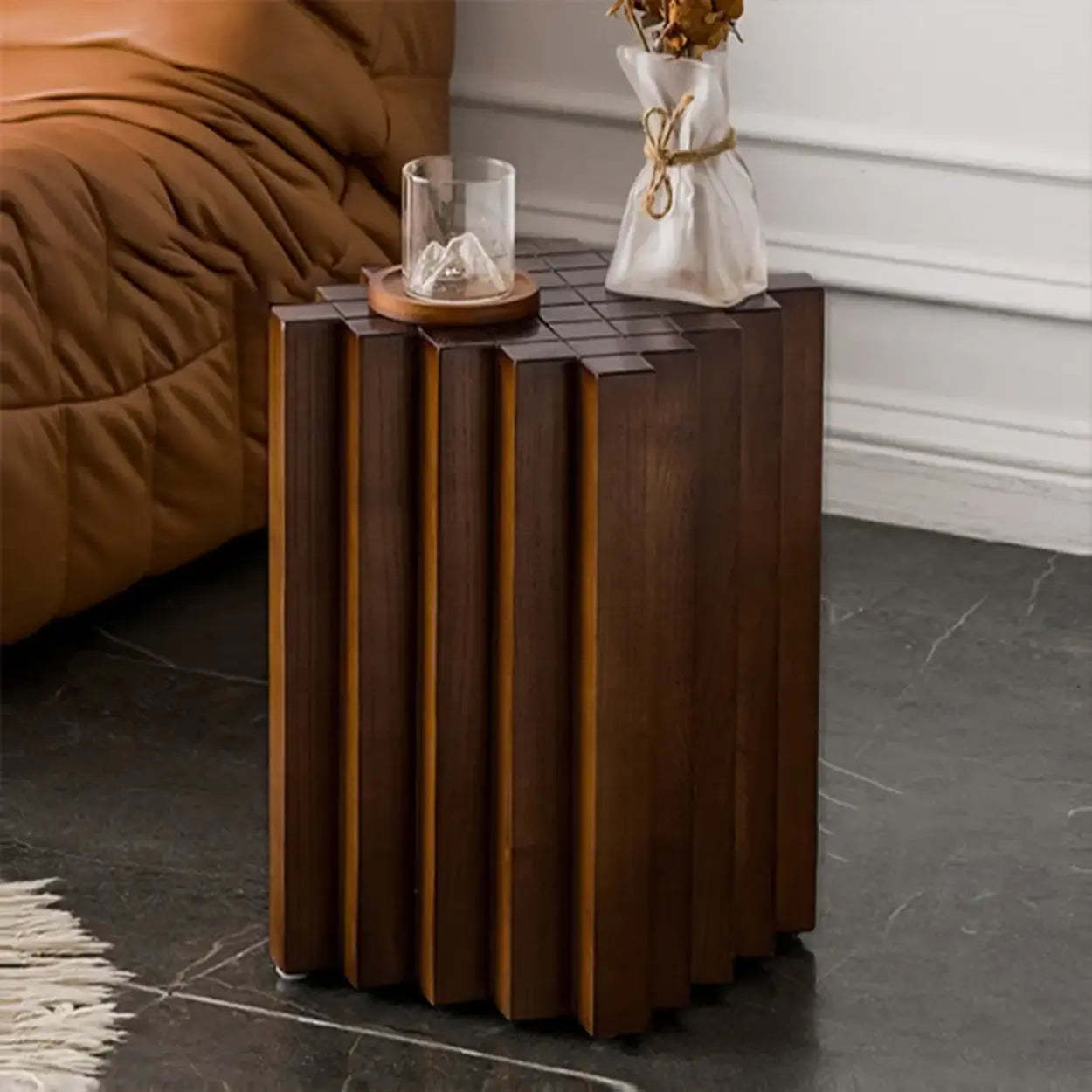 Mid-Century Geometric Solid Rubberwood Side Table