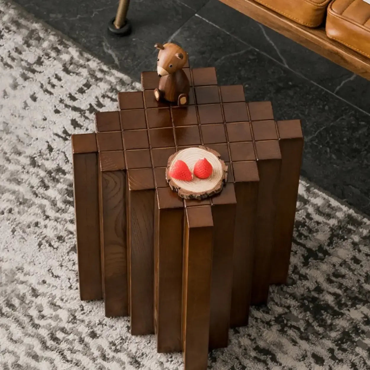 Mid-Century Geometric Solid Rubberwood Side Table