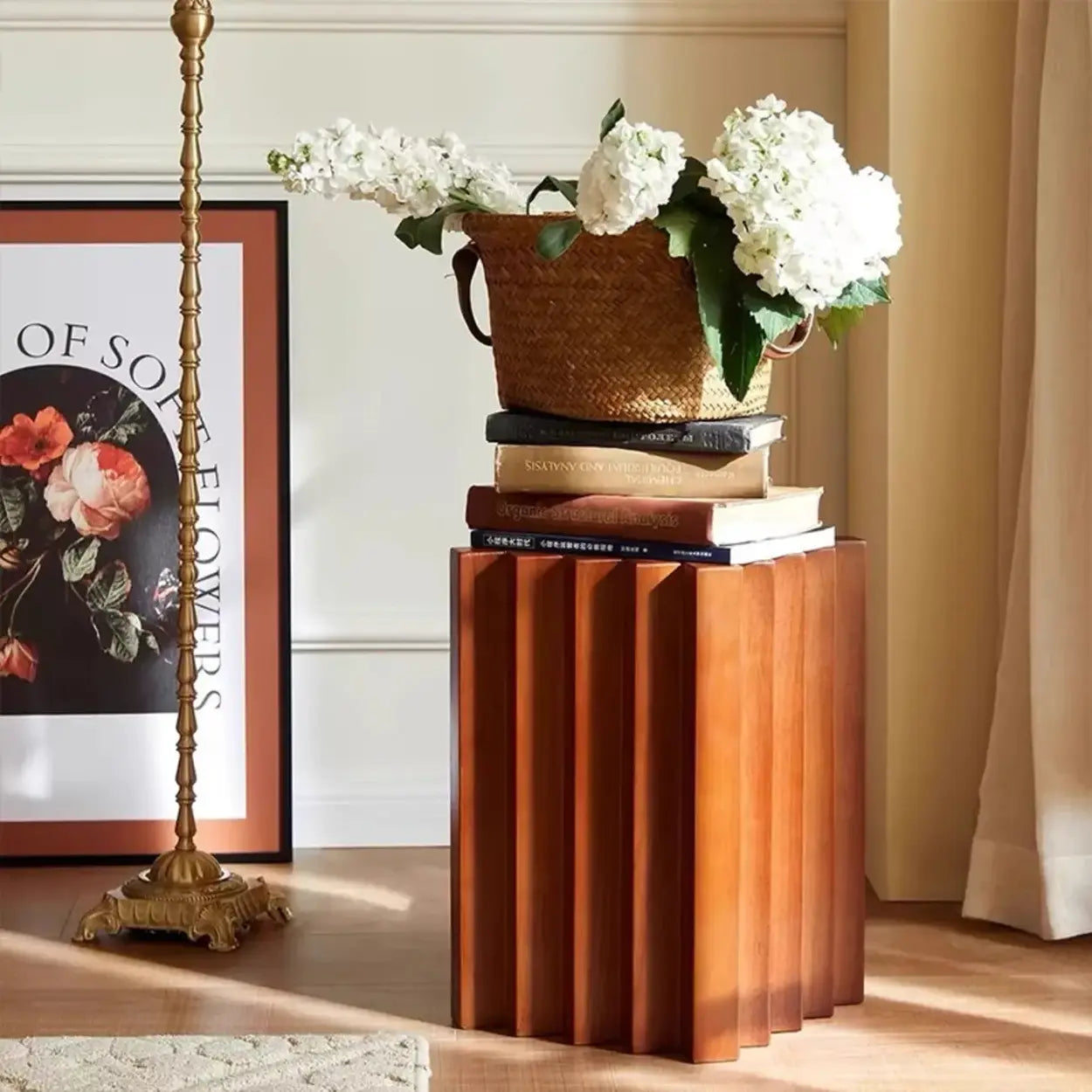 Mid-Century Geometric Solid Rubberwood Side Table