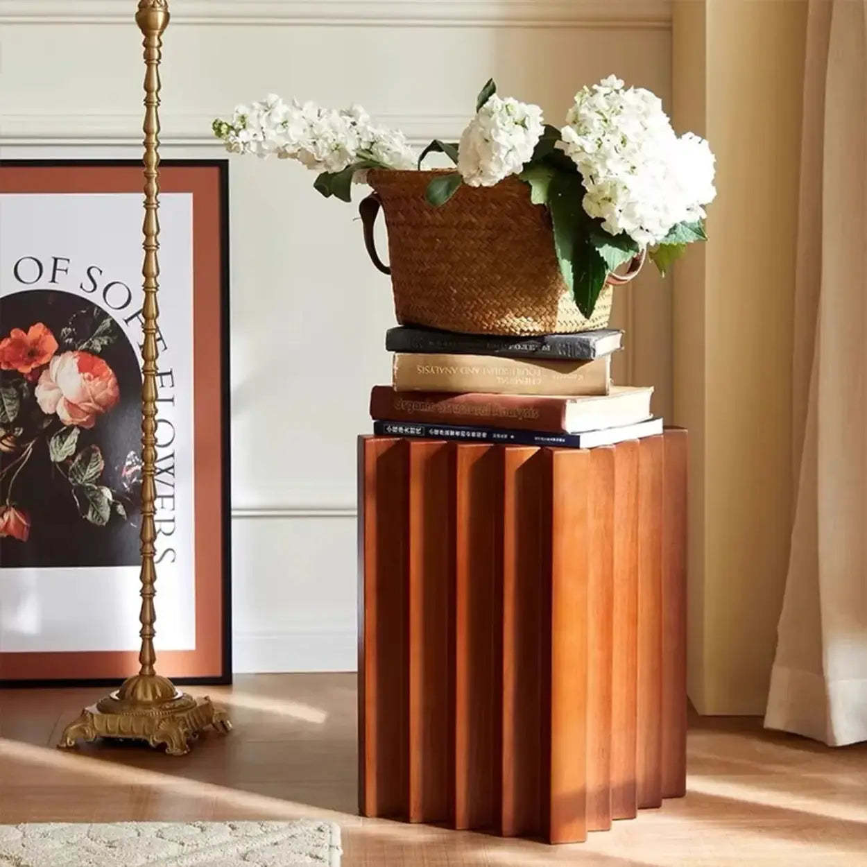 Mid-Century Geometric Solid Rubberwood Side Table