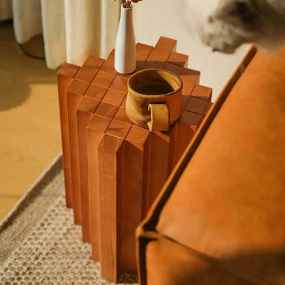 Mid-Century Geometric Solid Rubberwood Side Table