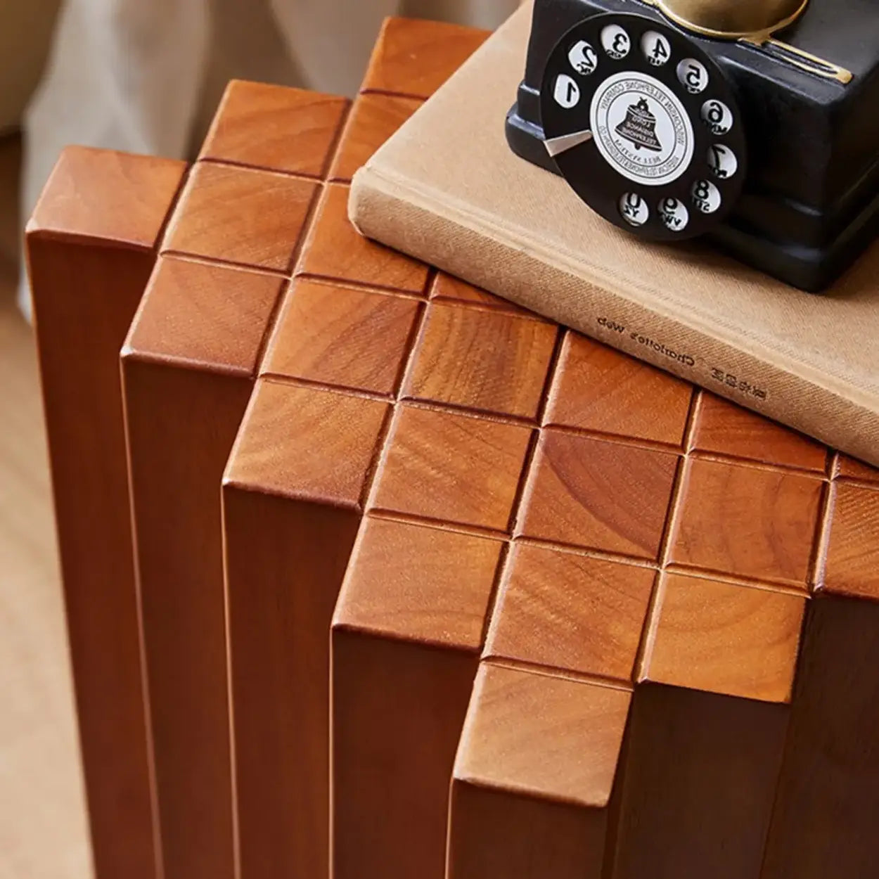 Mid-Century Geometric Solid Rubberwood Side Table