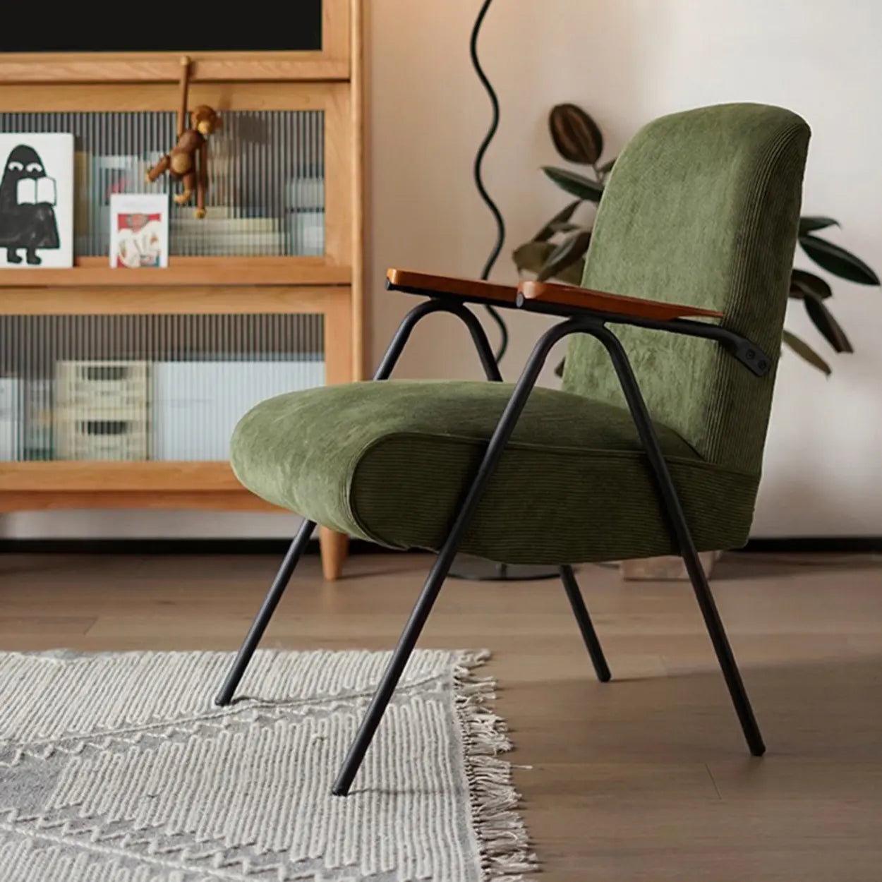 Mid-Century Green Corduroy Accent Chair with Armrest