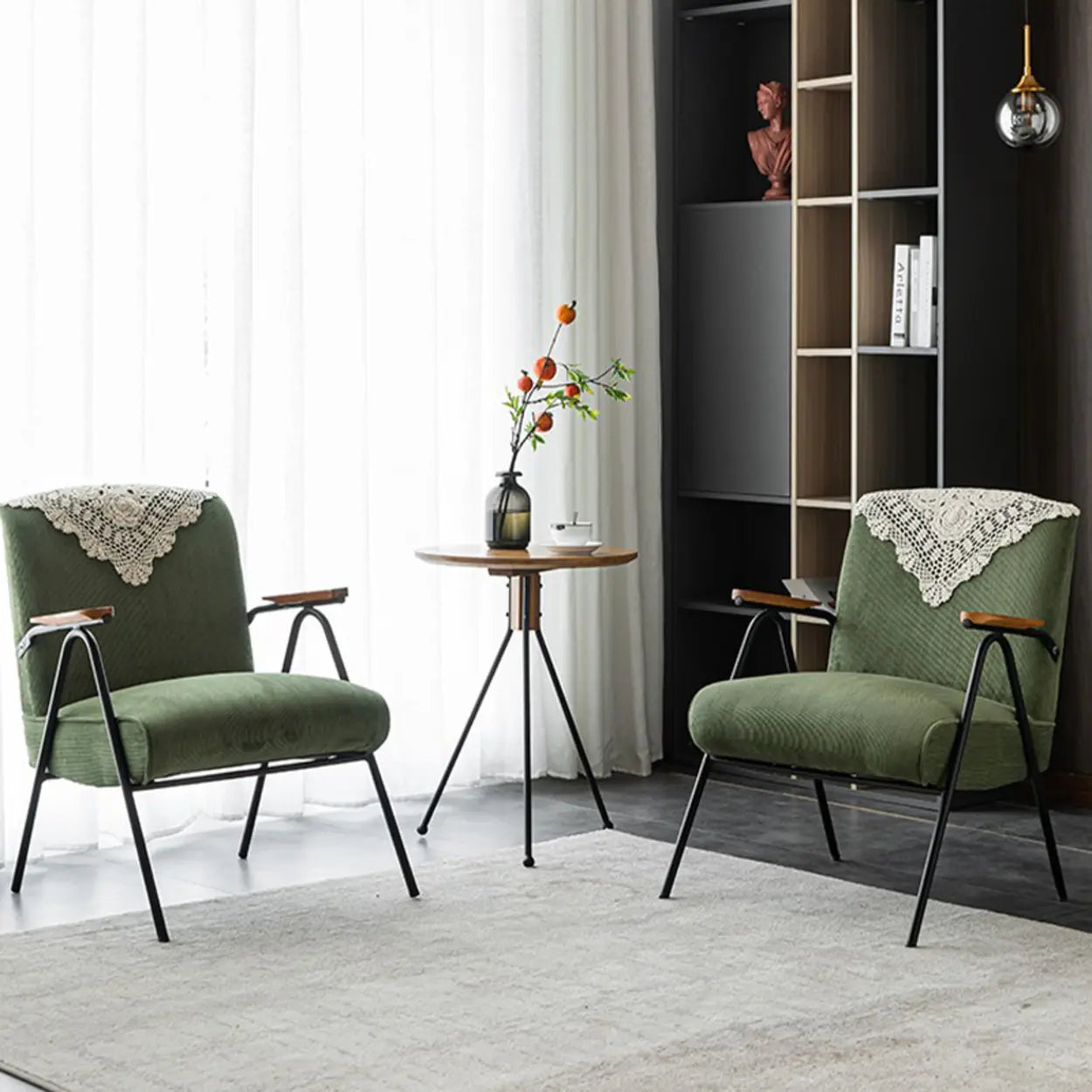 Mid-Century Green Corduroy Accent Chair with Armrest — Blue / Corduroy