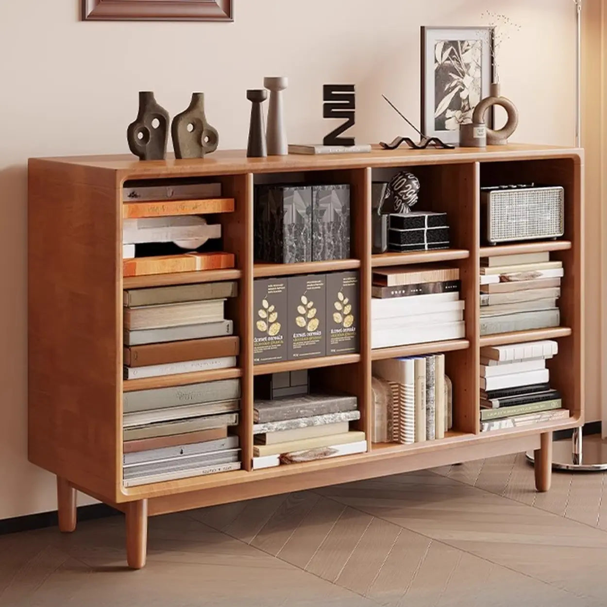 Mid-Century Horizontal Wood Bookshelf — Cherry Wood