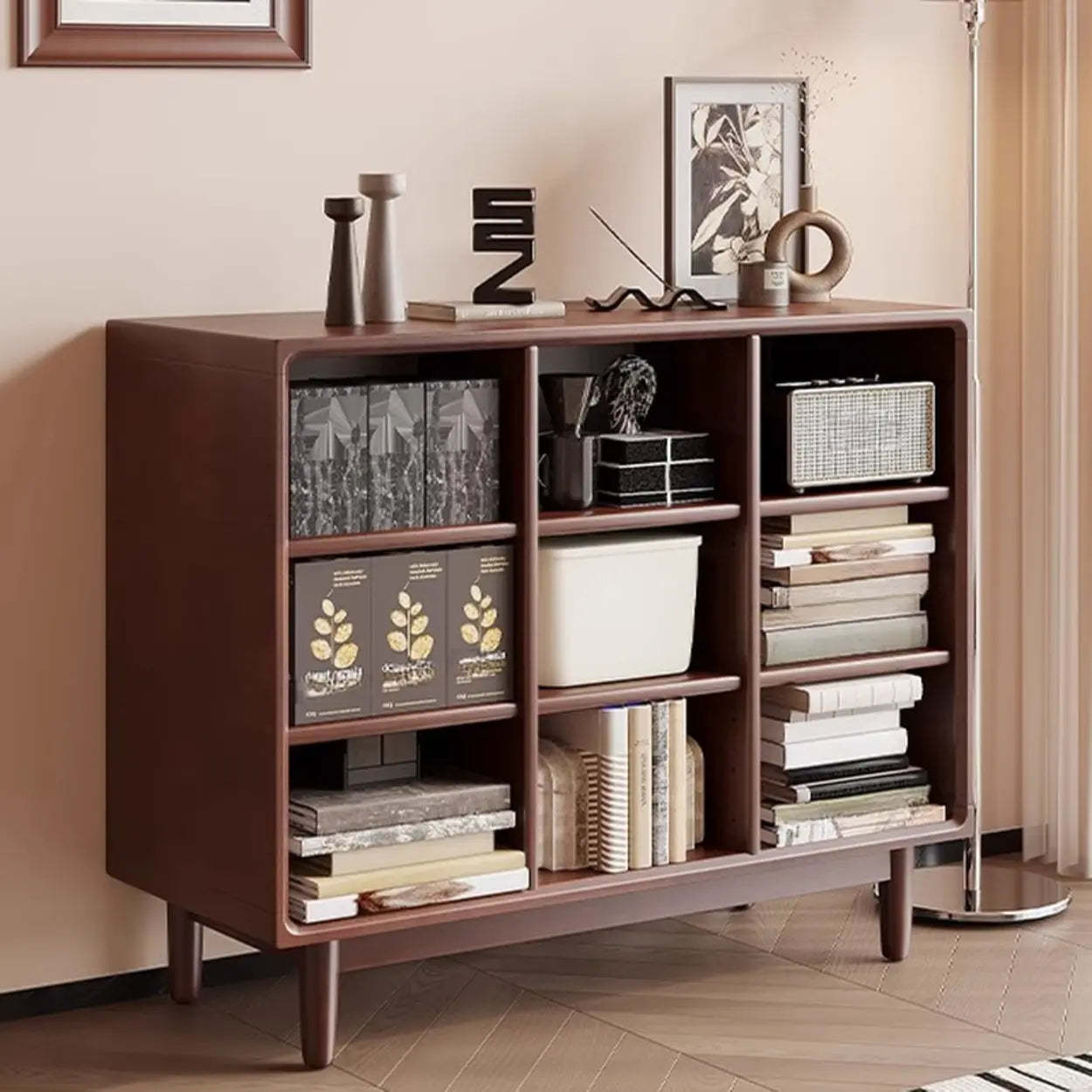 Mid-Century Horizontal Wood Bookshelf — Walnut