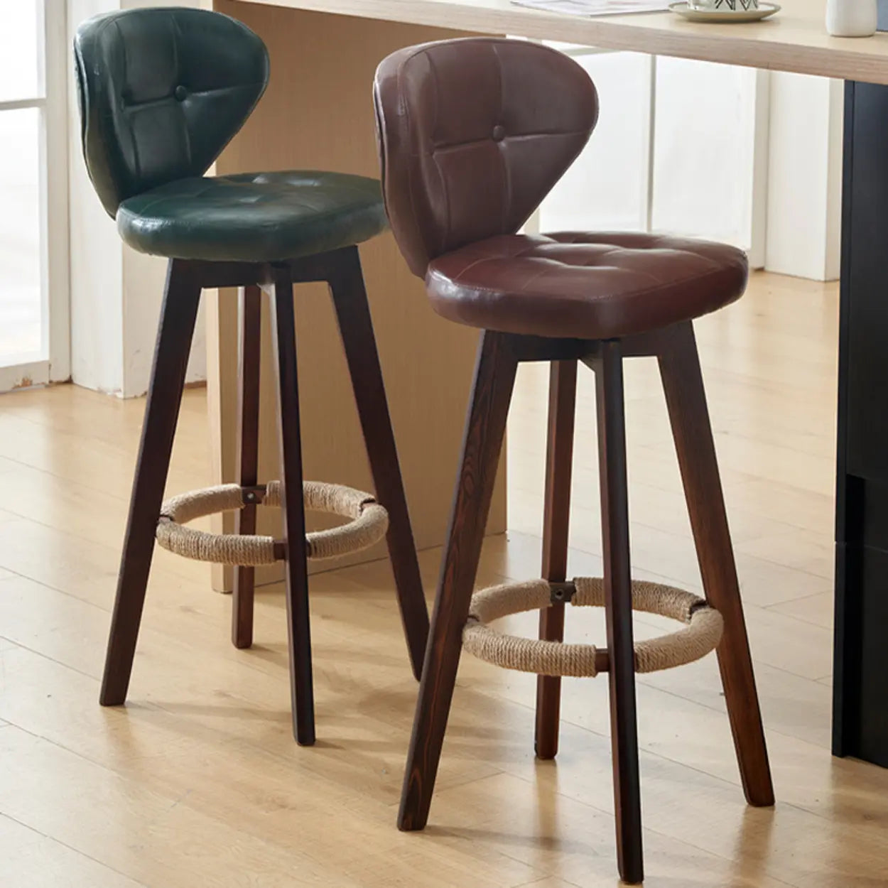Mid-Century Leather Bar Stool with Wood Legs — Natural / Black