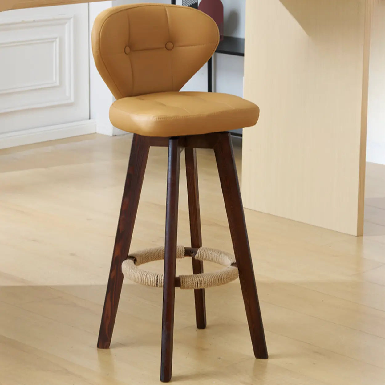 Mid-Century Leather Bar Stool with Wood Legs — Walnut / Gray