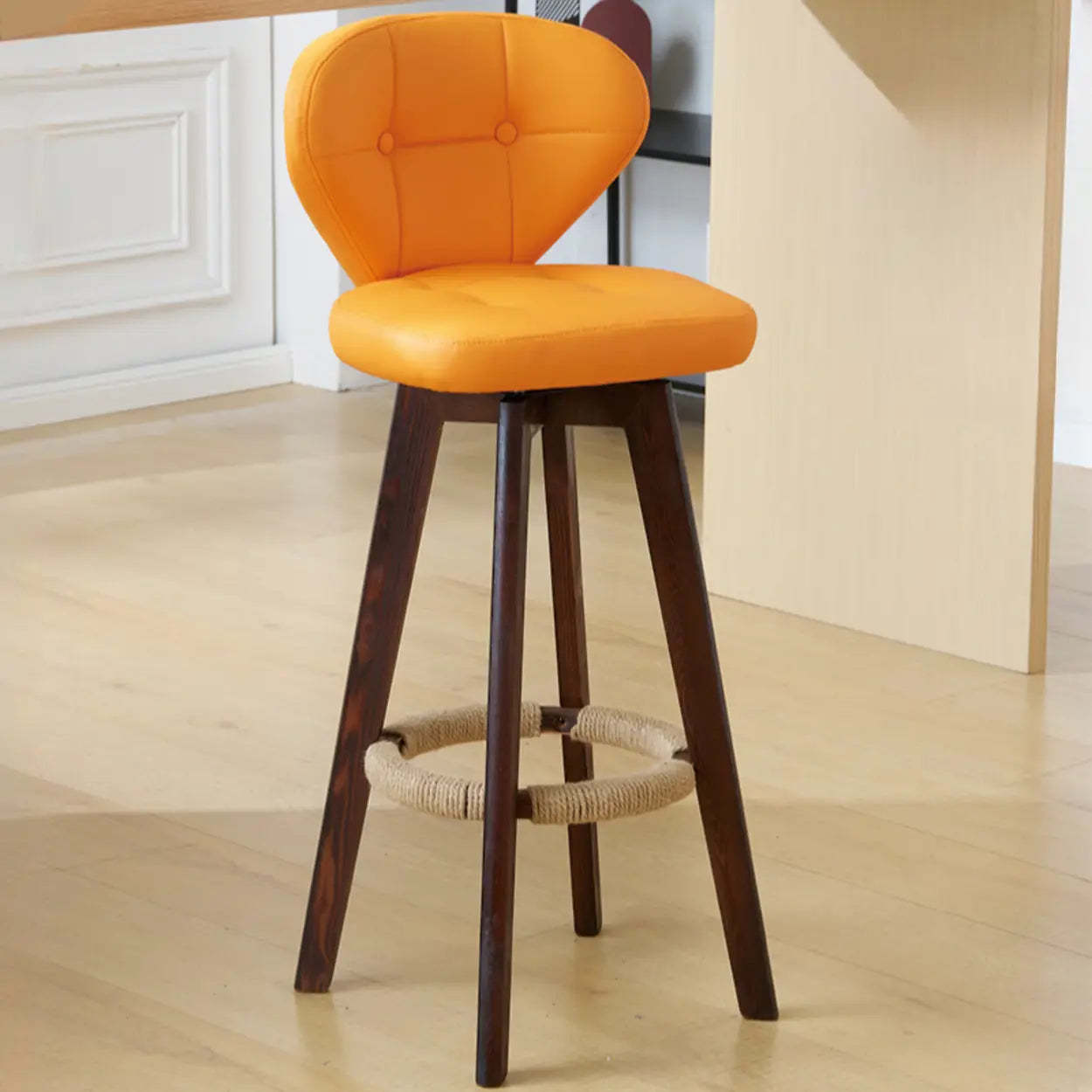 Mid-Century Leather Bar Stool with Wood Legs — Walnut / Orange