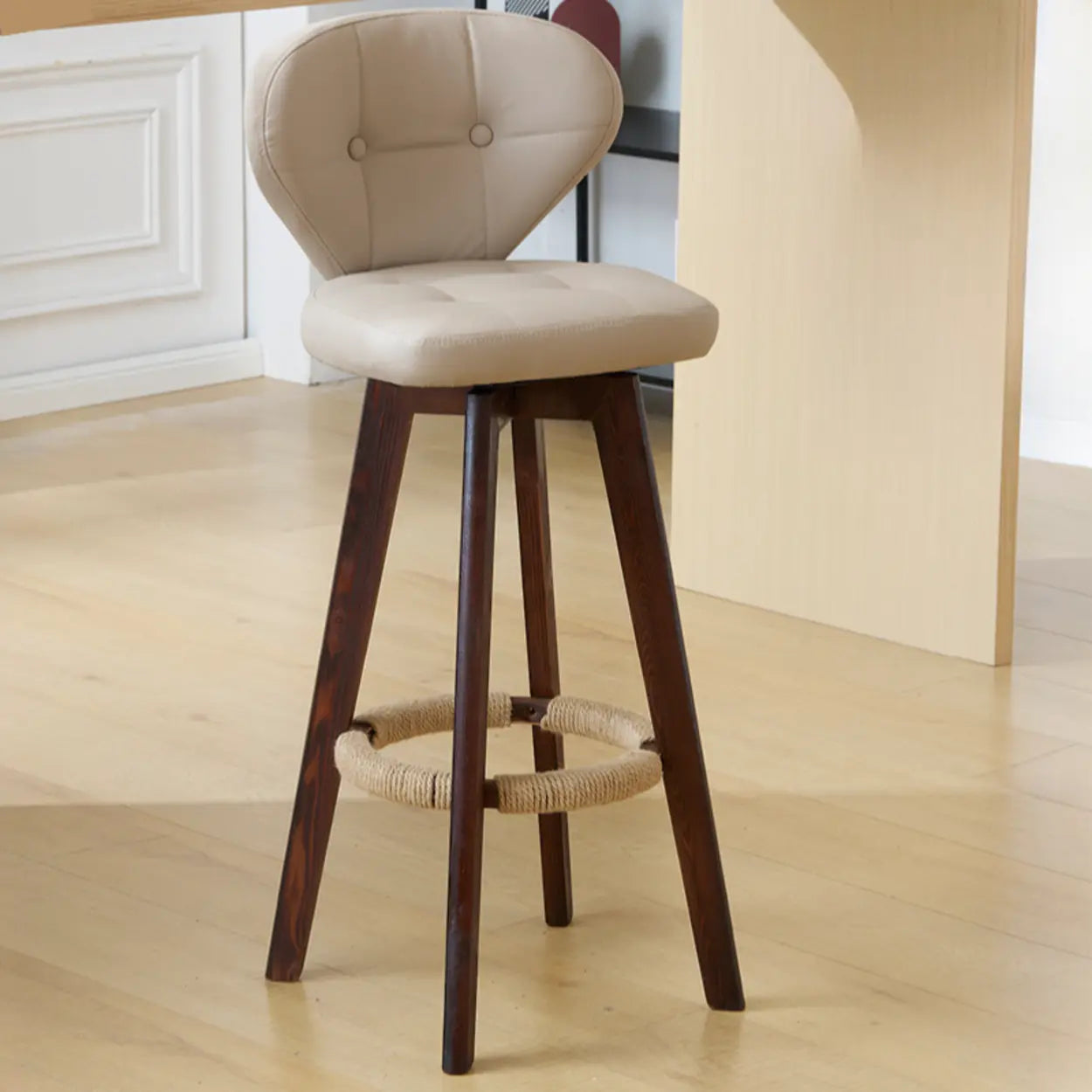 Mid-Century Leather Bar Stool with Wood Legs — Walnut / Brown