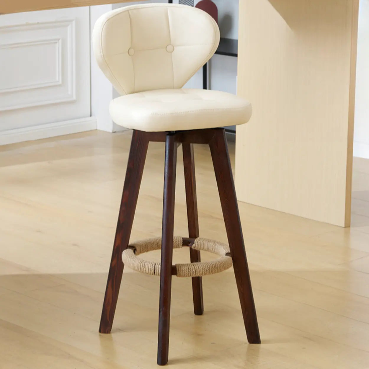 Mid-Century Leather Bar Stool with Wood Legs — Walnut / Khaki
