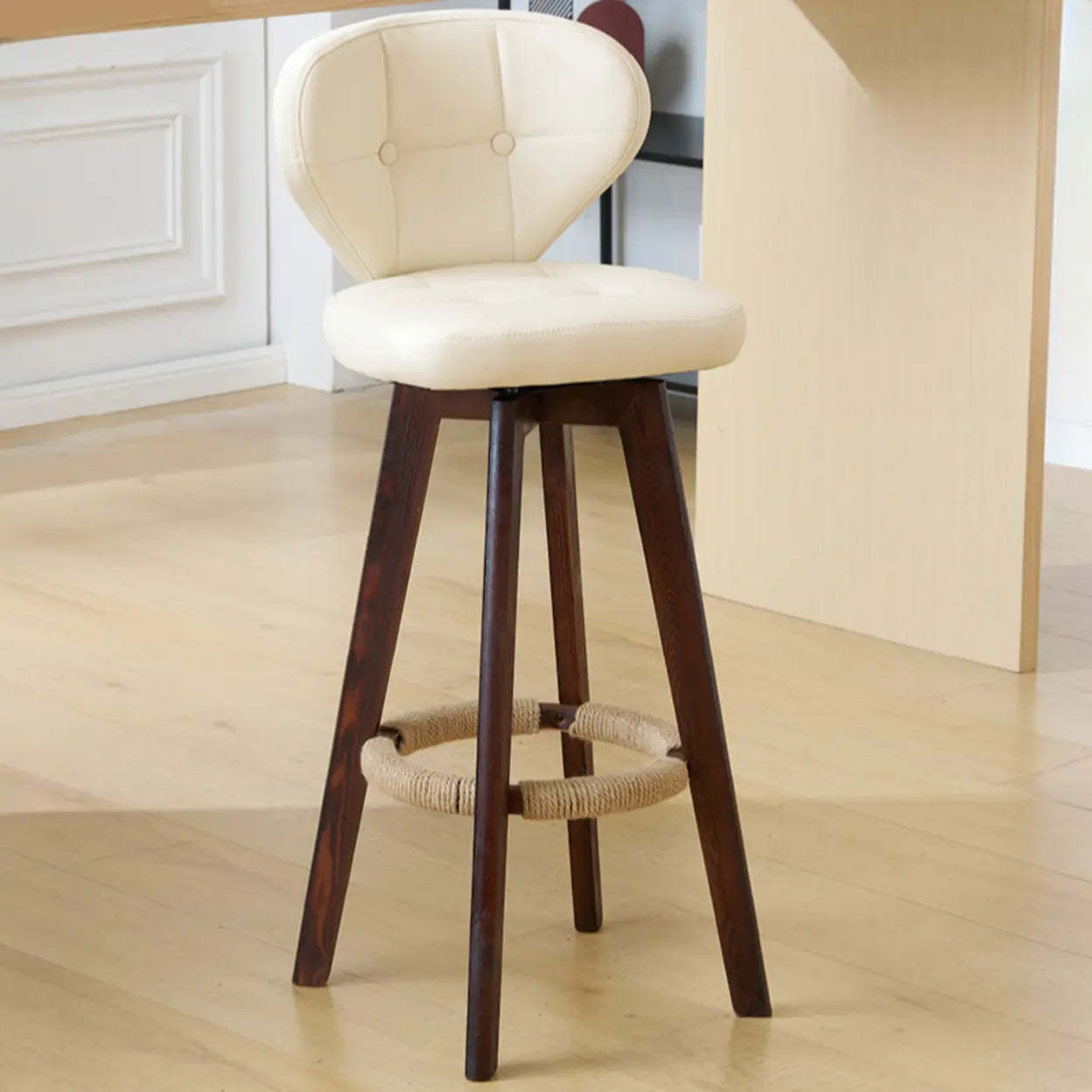 Mid-Century Leather Bar Stool with Wood Legs — Walnut / Khaki