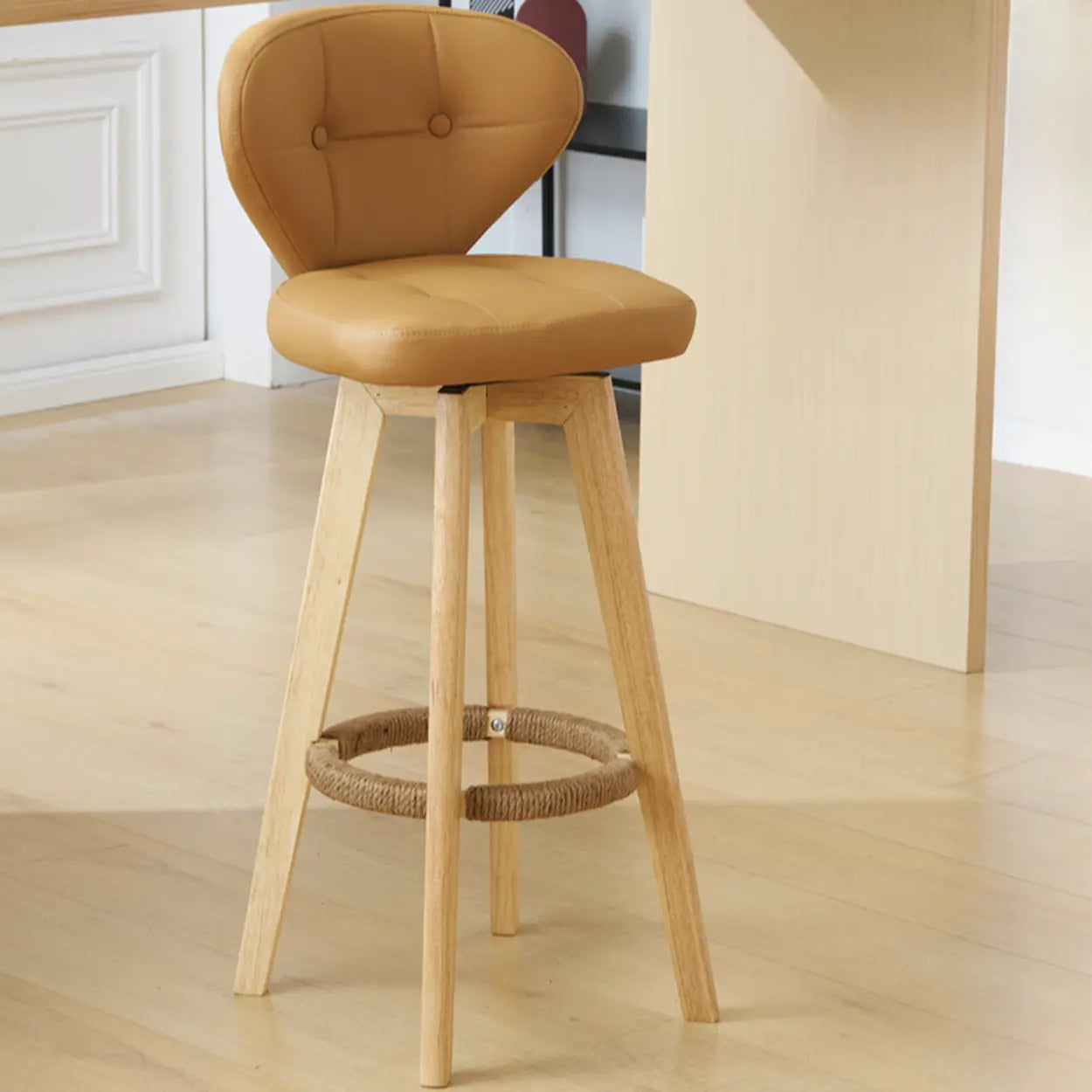 Mid-Century Leather Bar Stool with Wood Legs — Walnut / Dark Brown