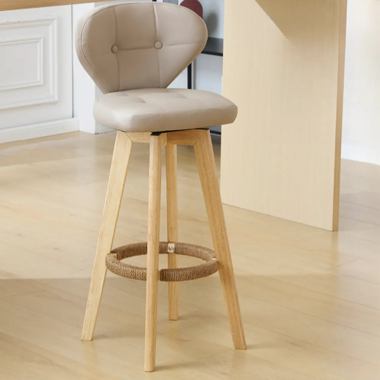 Mid-Century Leather Bar Stool with Wood Legs — Walnut / Milky White