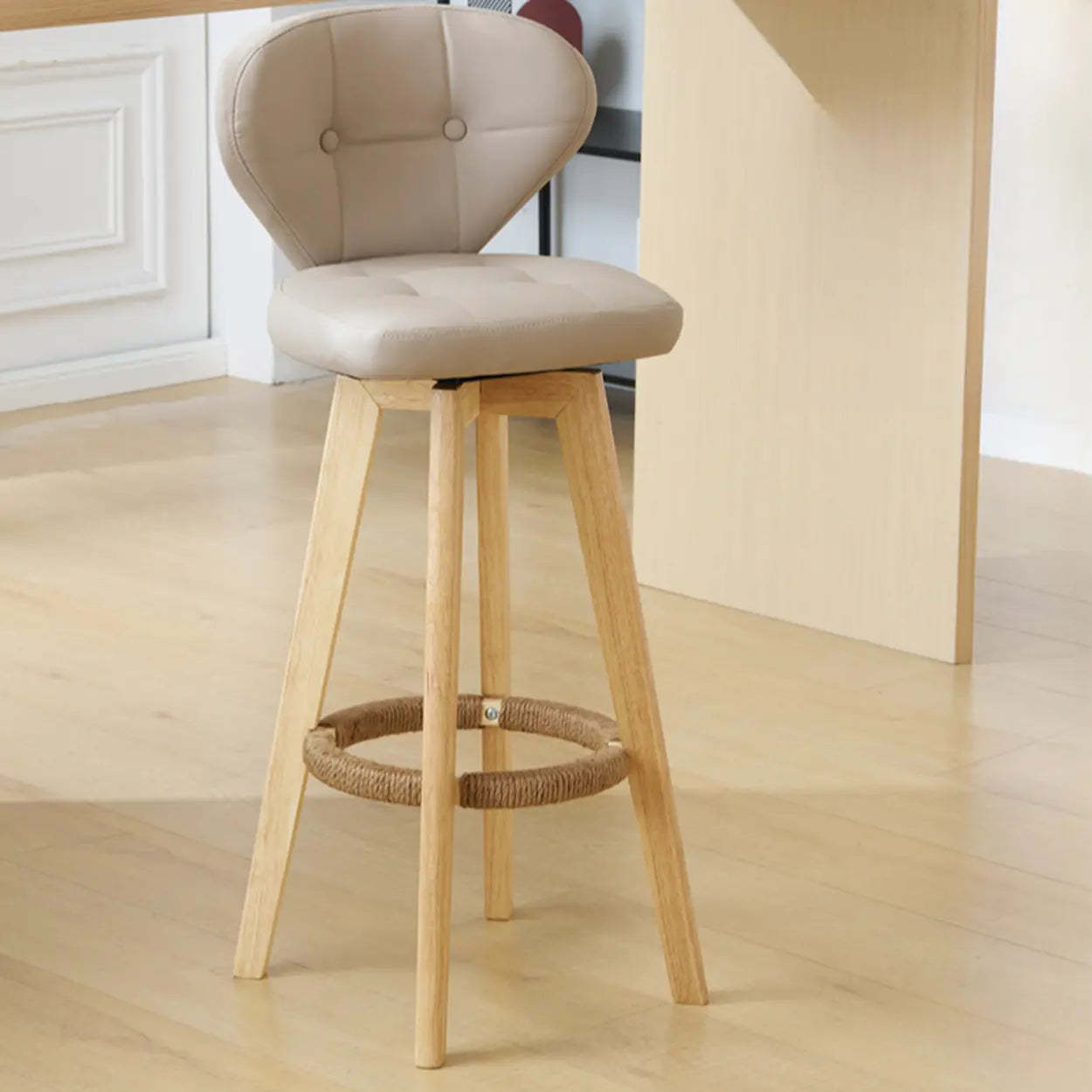 Mid-Century Leather Bar Stool with Wood Legs — Walnut / Milky White