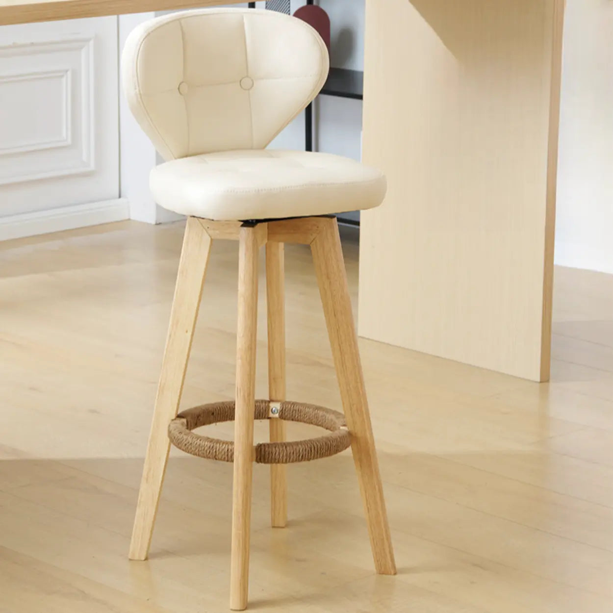 Mid-Century Leather Bar Stool with Wood Legs