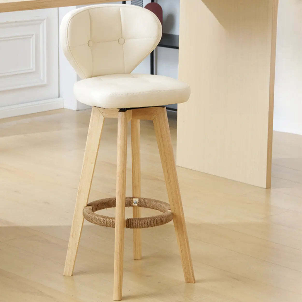 Mid-Century Leather Bar Stool with Wood Legs