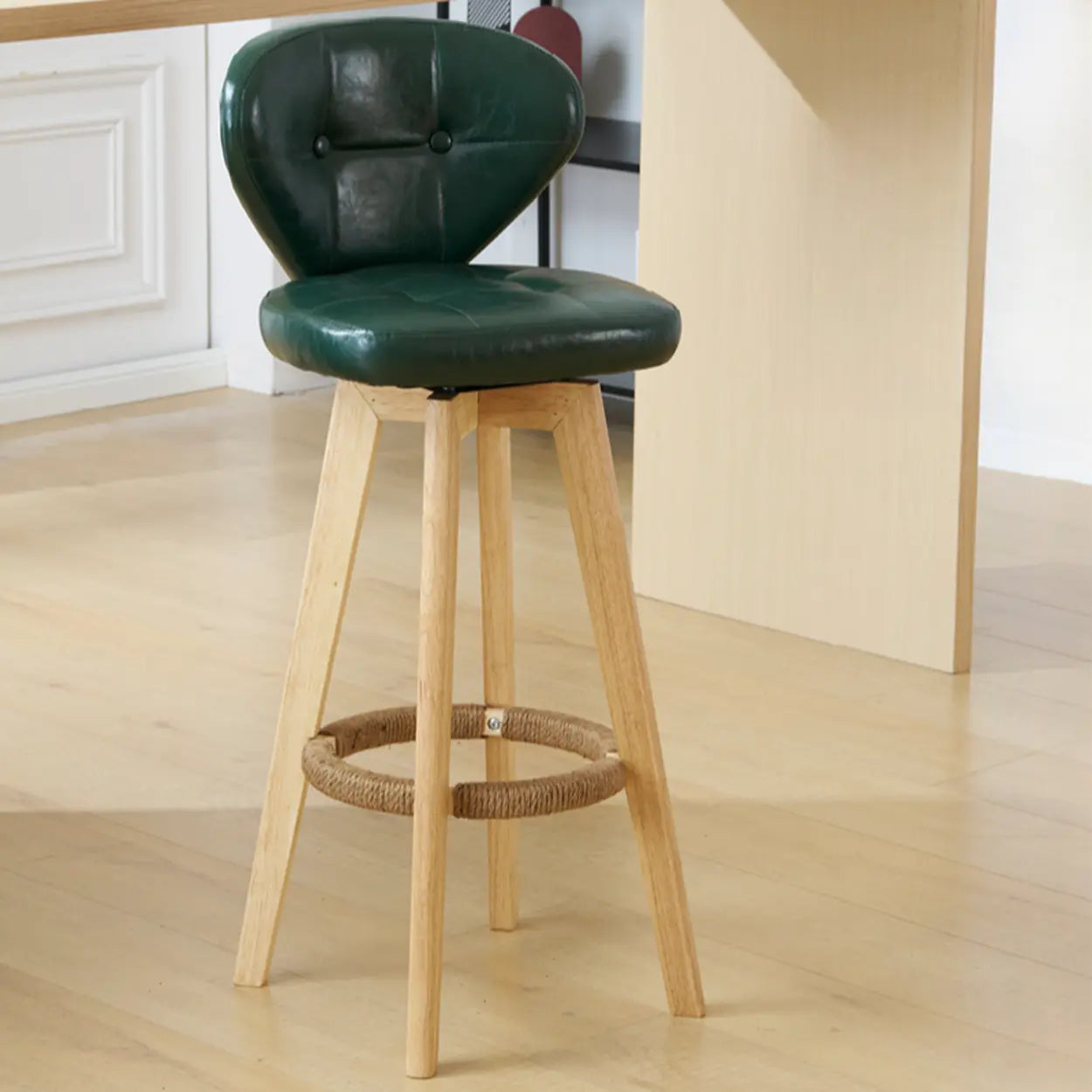 Mid-Century Leather Bar Stool with Wood Legs