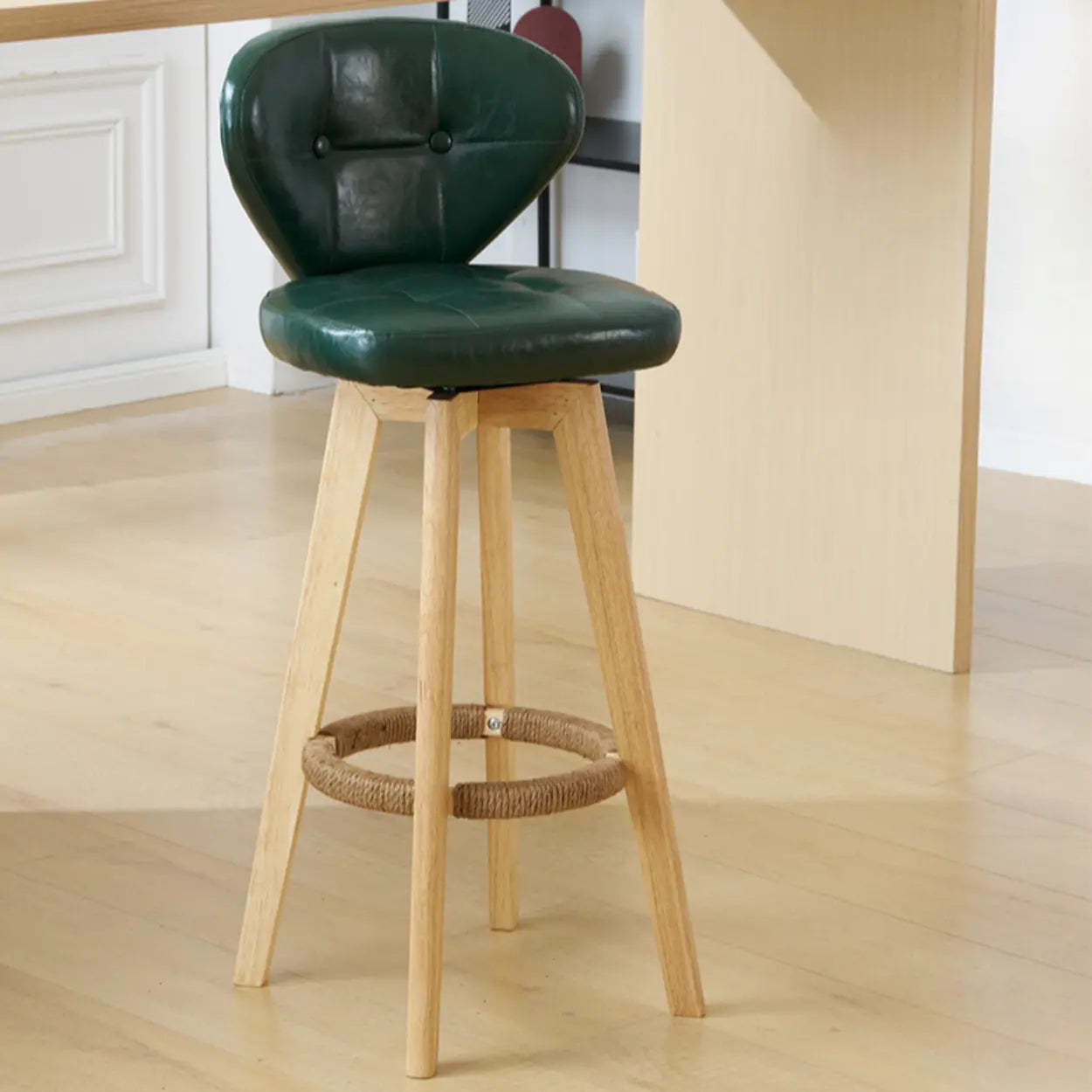 Mid-Century Leather Bar Stool with Wood Legs