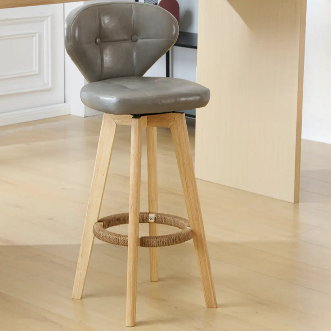 Mid-Century Leather Bar Stool with Wood Legs