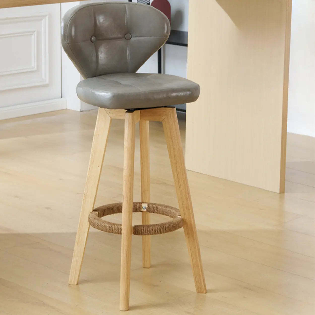 Mid-Century Leather Bar Stool with Wood Legs