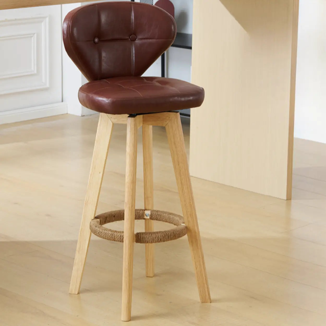 Mid-Century Leather Bar Stool with Wood Legs