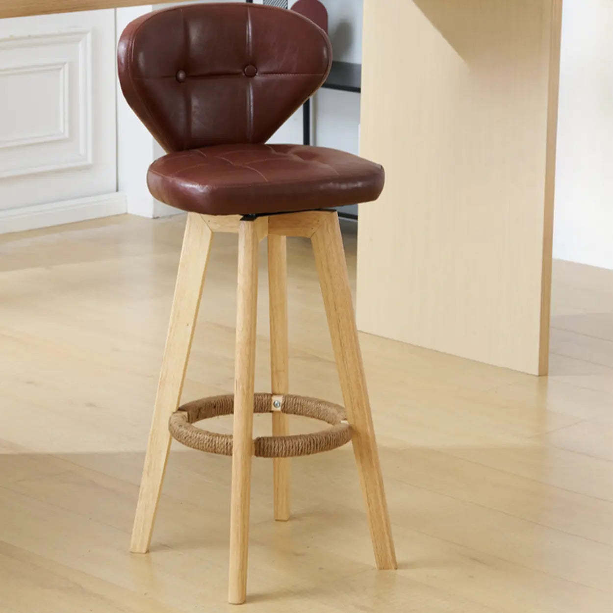 Mid-Century Leather Bar Stool with Wood Legs