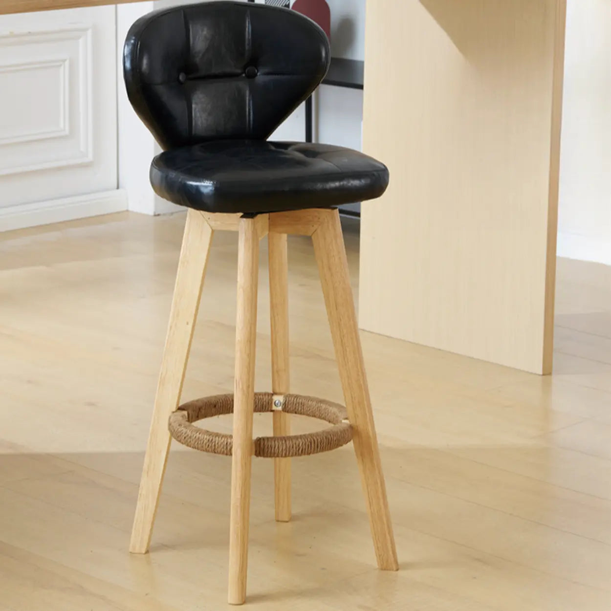Mid-Century Leather Bar Stool with Wood Legs