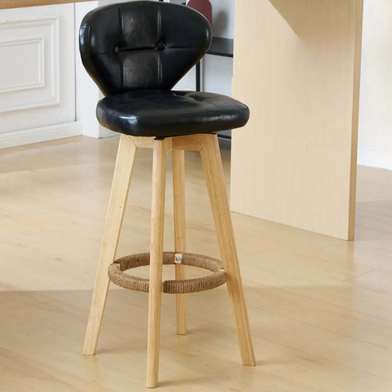 Mid-Century Leather Bar Stool with Wood Legs