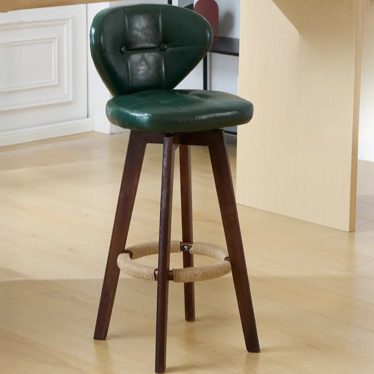 Mid-Century Leather Bar Stool with Wood Legs — Natural / Orange