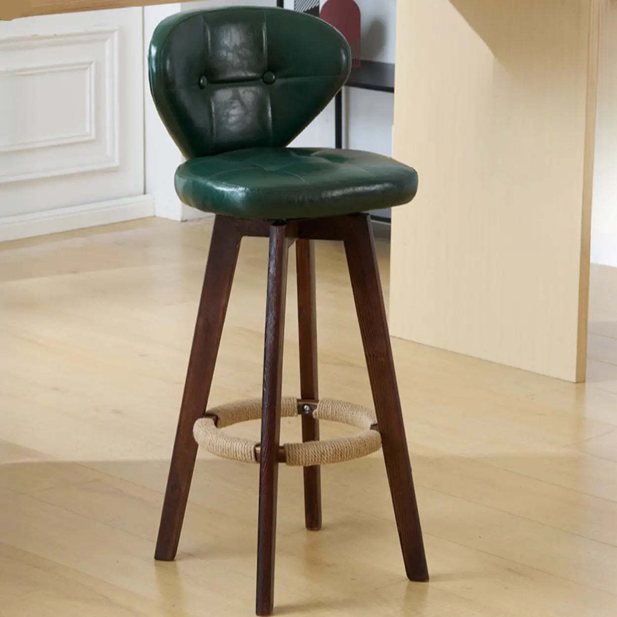 Mid-Century Leather Bar Stool with Wood Legs — Natural / Orange