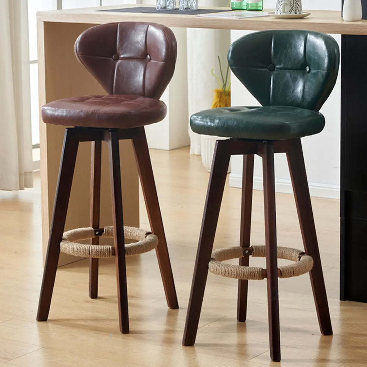 Mid-Century Leather Bar Stool with Wood Legs — Natural / Brown