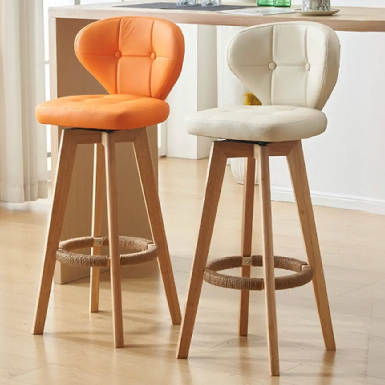 Mid-Century Leather Bar Stool with Wood Legs — Natural / Khaki