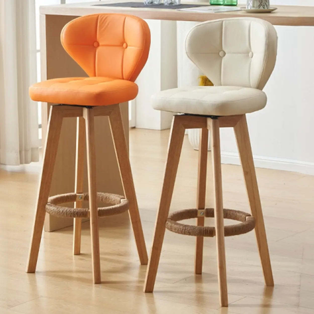 Mid-Century Leather Bar Stool with Wood Legs — Natural / Khaki