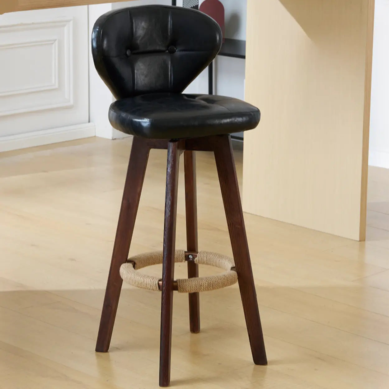 Mid-Century Leather Bar Stool with Wood Legs — Natural / Dark Brown