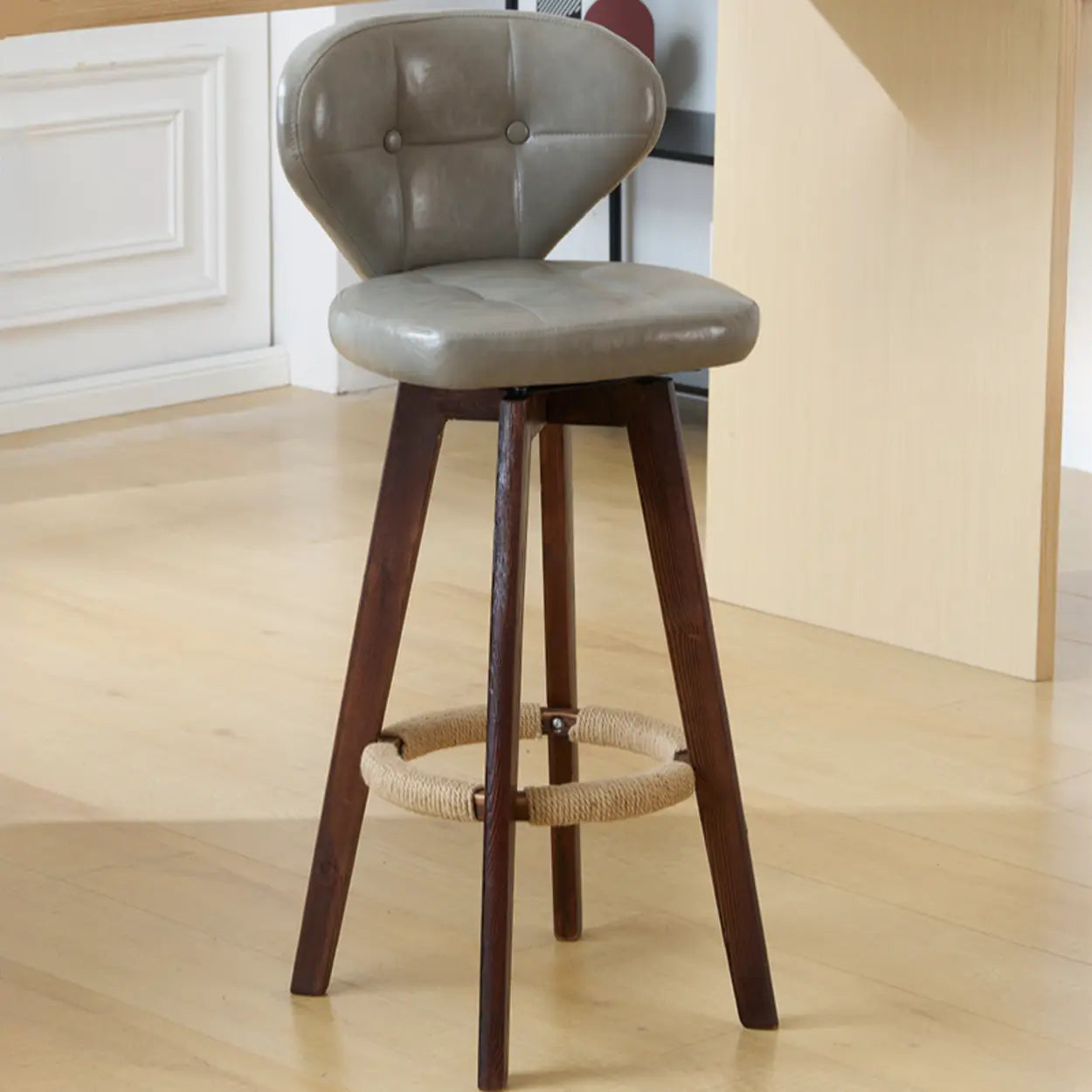 Mid-Century Leather Bar Stool with Wood Legs — Natural / Milky White