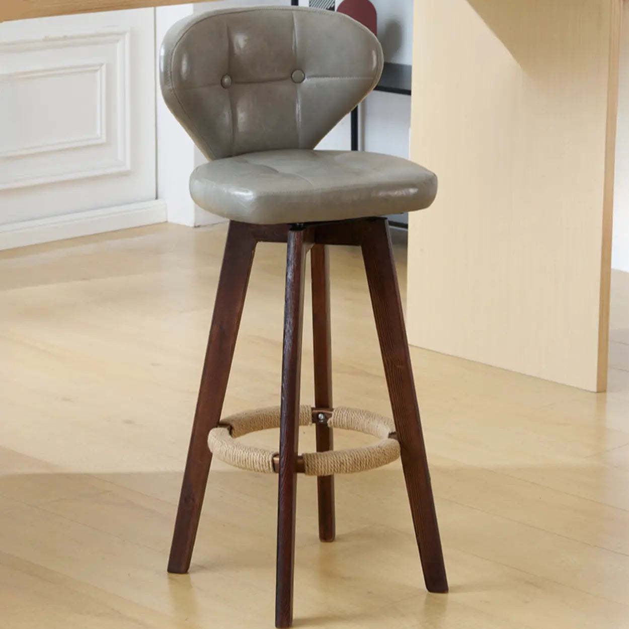 Mid-Century Leather Bar Stool with Wood Legs — Natural / Milky White