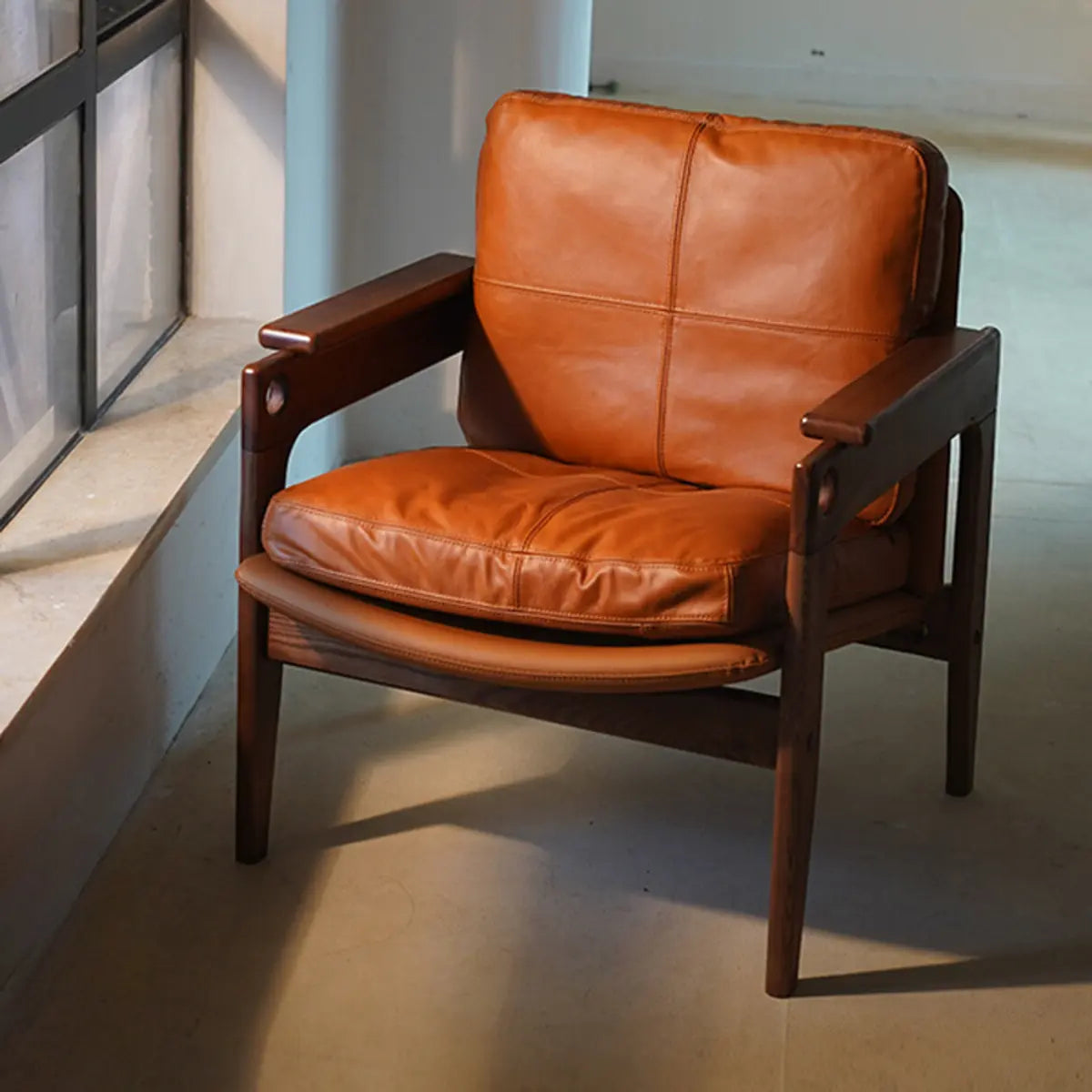 Mid-Century Leather Wood Four Leg Arm Chair