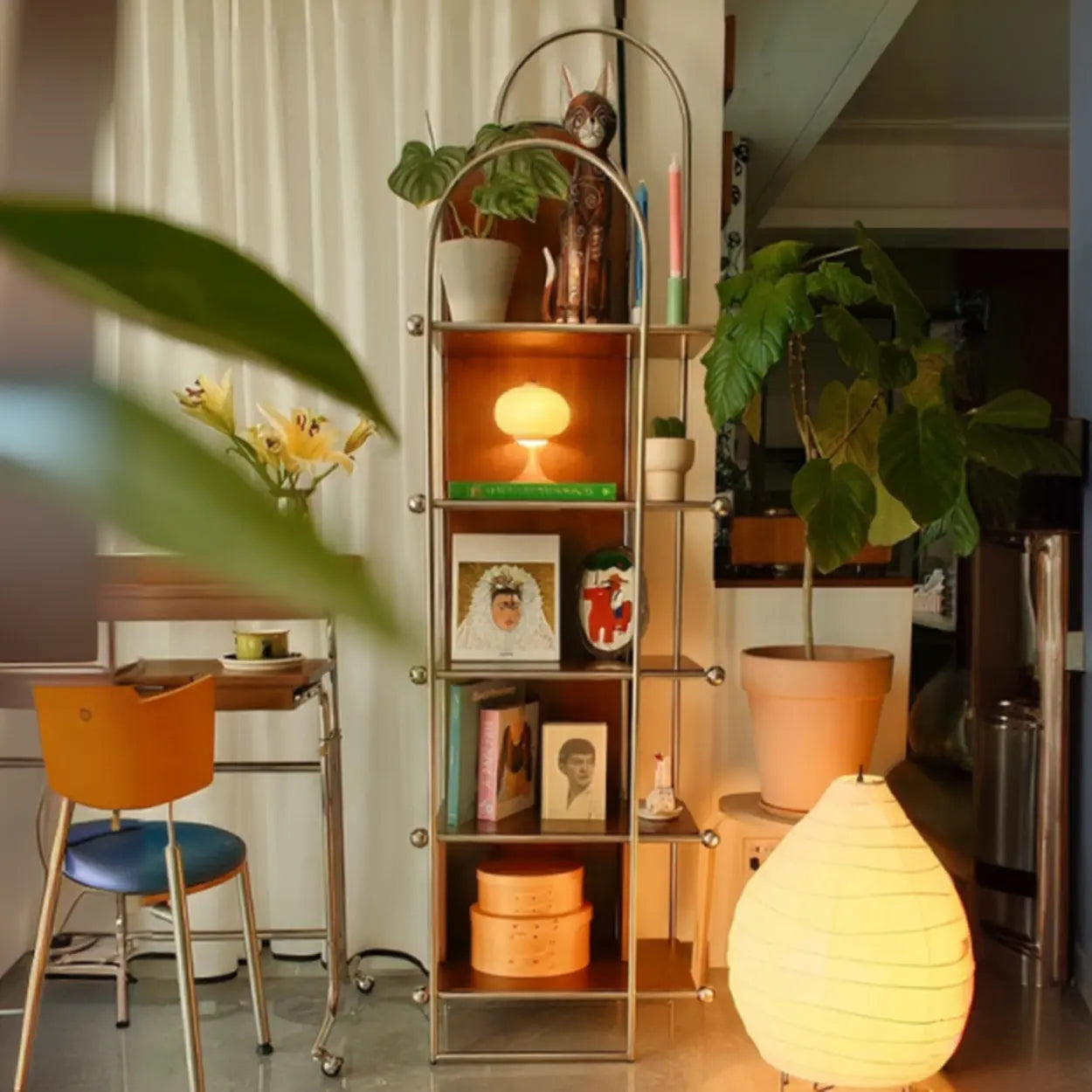 Mid-Century Narrow Corner Stainless Steel Bookshelf