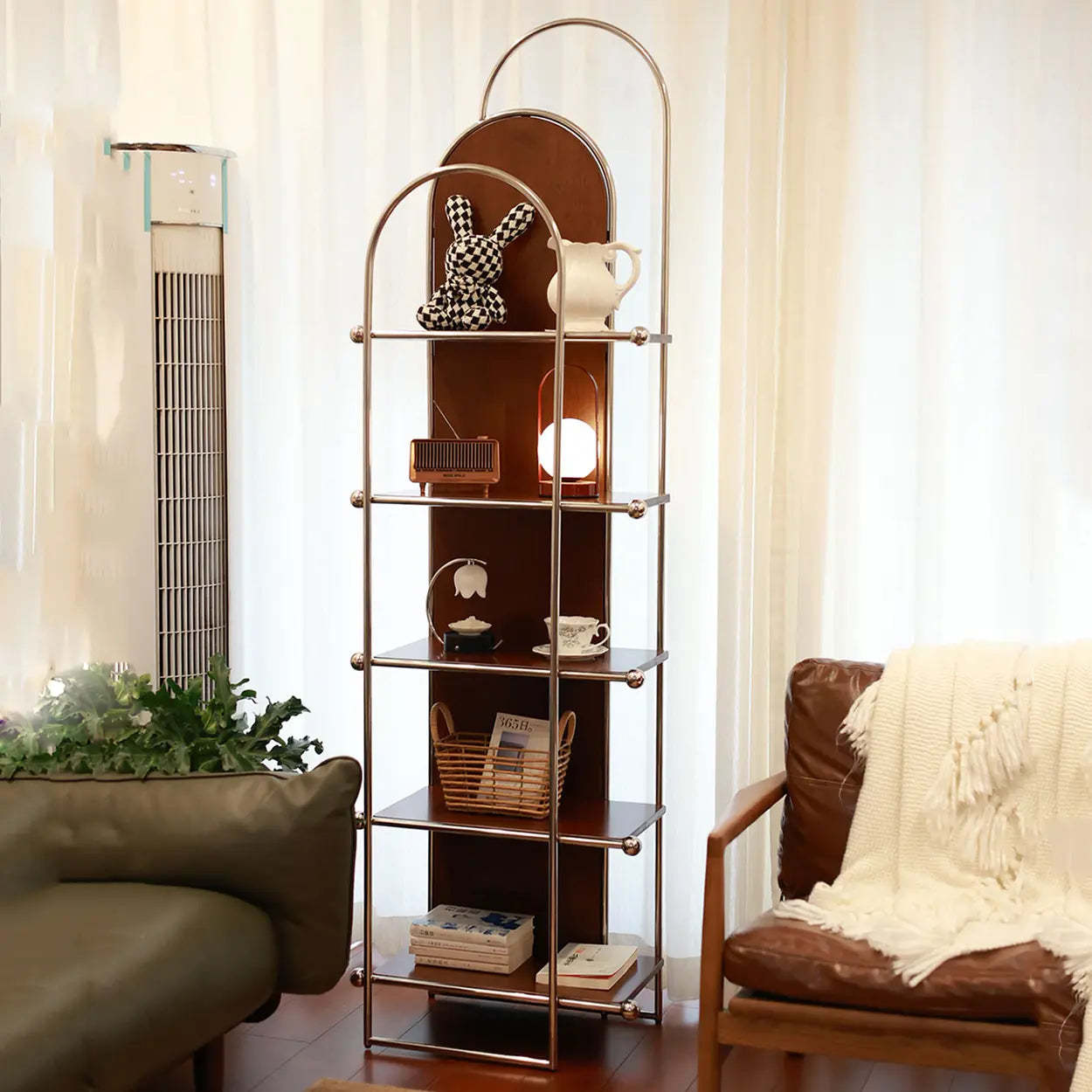 Mid-Century Narrow Corner Stainless Steel Bookshelf — Brown