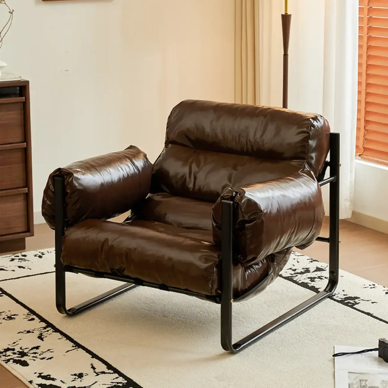 Mid-Century Leather Cushion-Back Accent Chair — Oil Wax Leather / Black