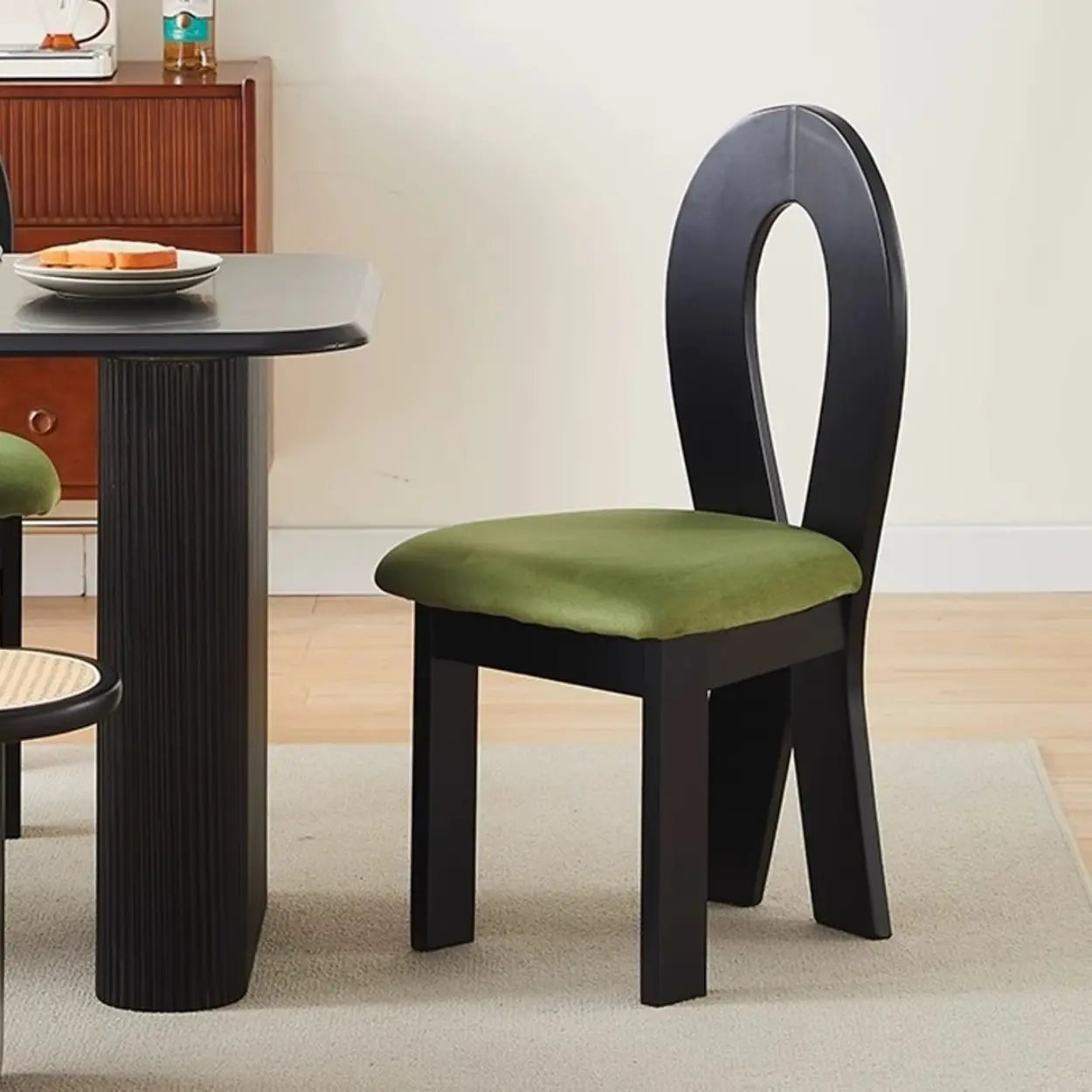 Mid-Century Curved-Back Green Dining Chair — Black