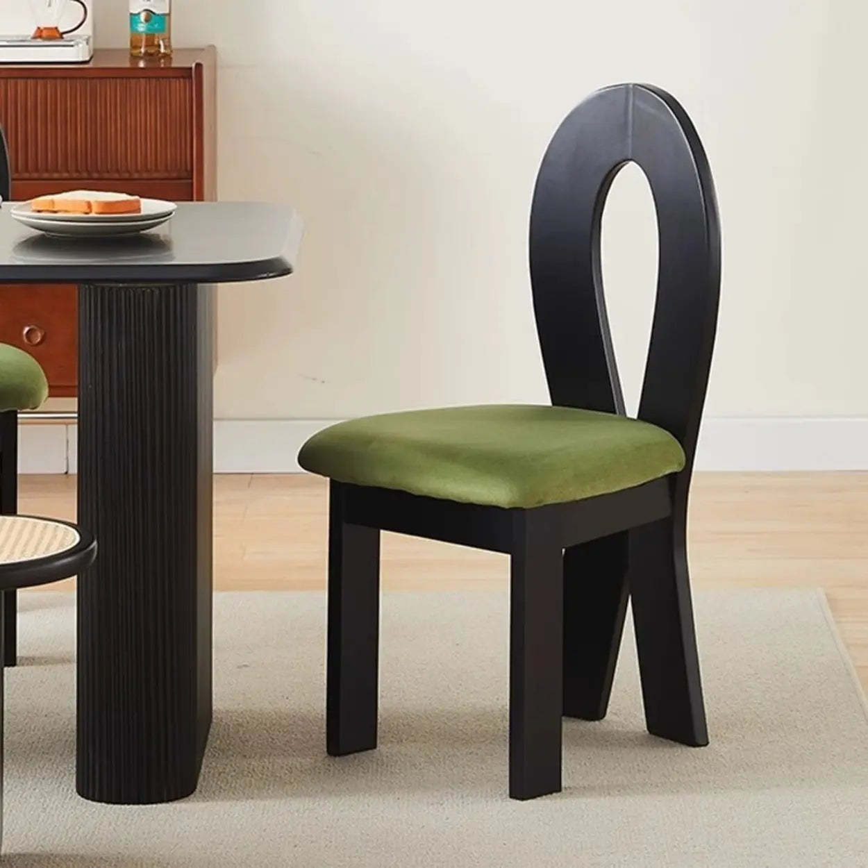 Mid-Century Curved-Back Green Dining Chair — Black