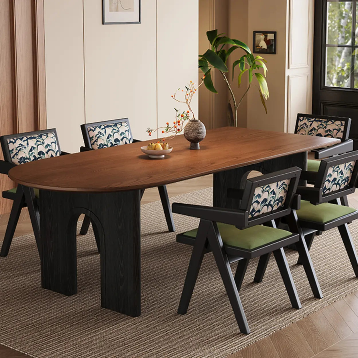 Mid-Century Brown Wood Peninsula Dining Table — Table Only